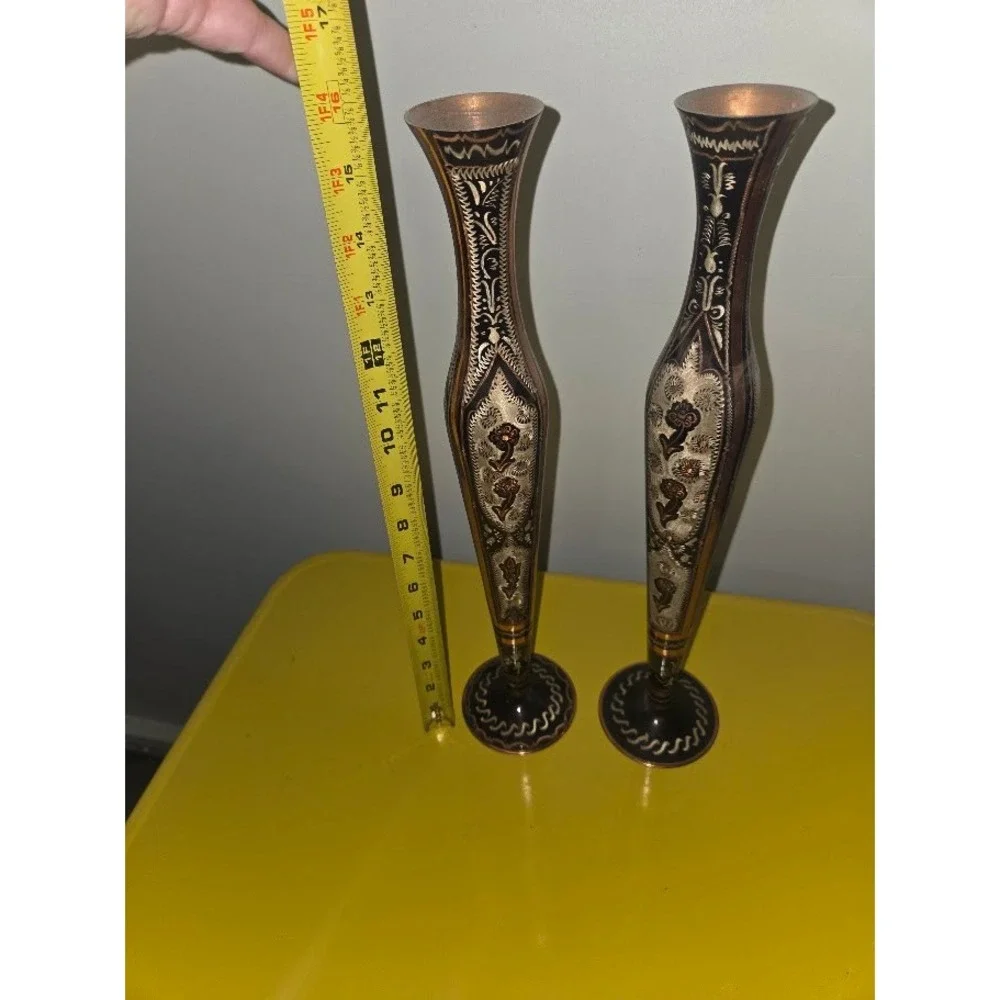 Gulistan 2505 Turkish Copper Bud Vases Pair Etched Floral Design Made in Turkey